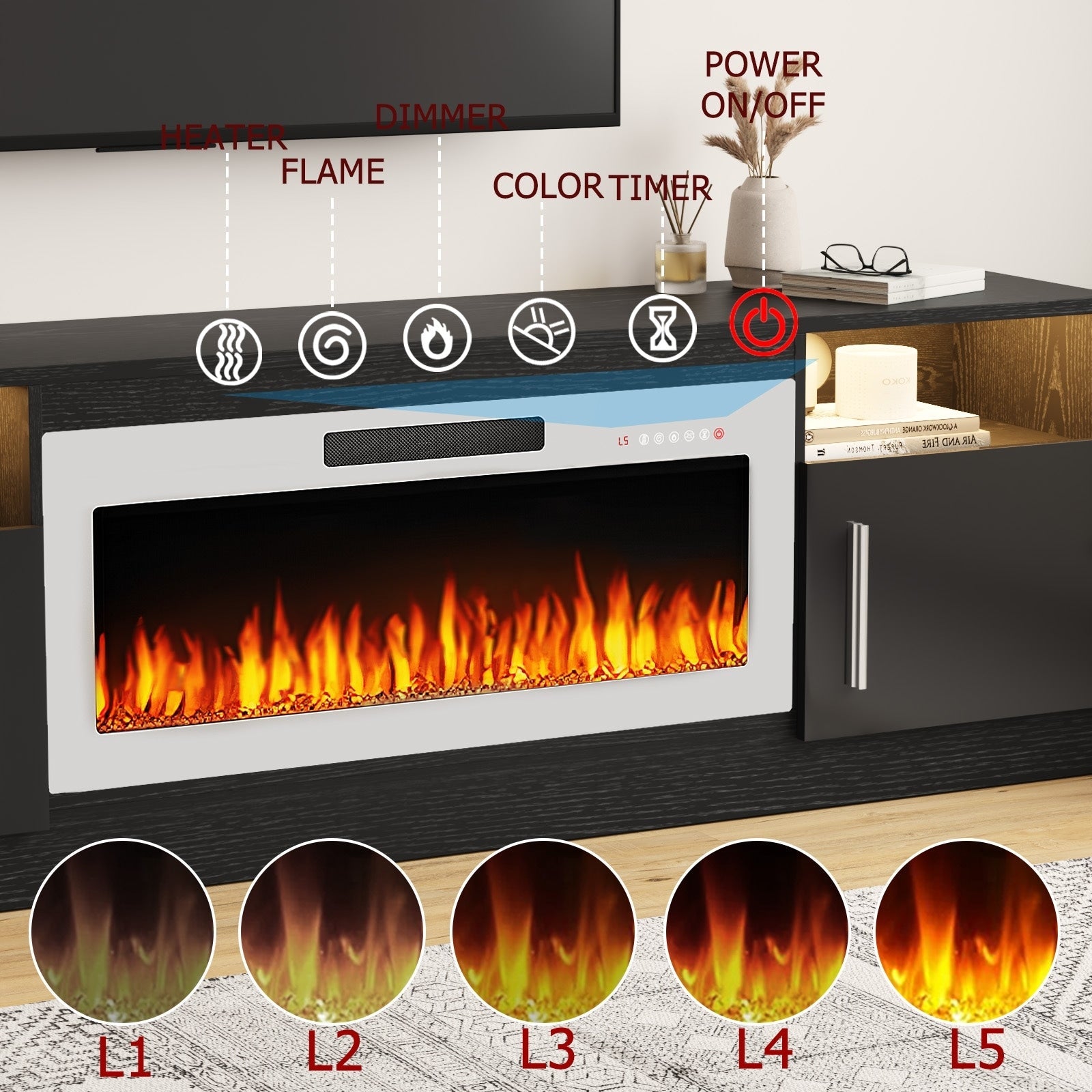 Meuble TV Bossin 70 avec cheminée électrique de 36 pouces, meuble TV pour téléviseurs jusqu'à 80 pouces, éclairage LED 16 couleurs/centre de divertissement
