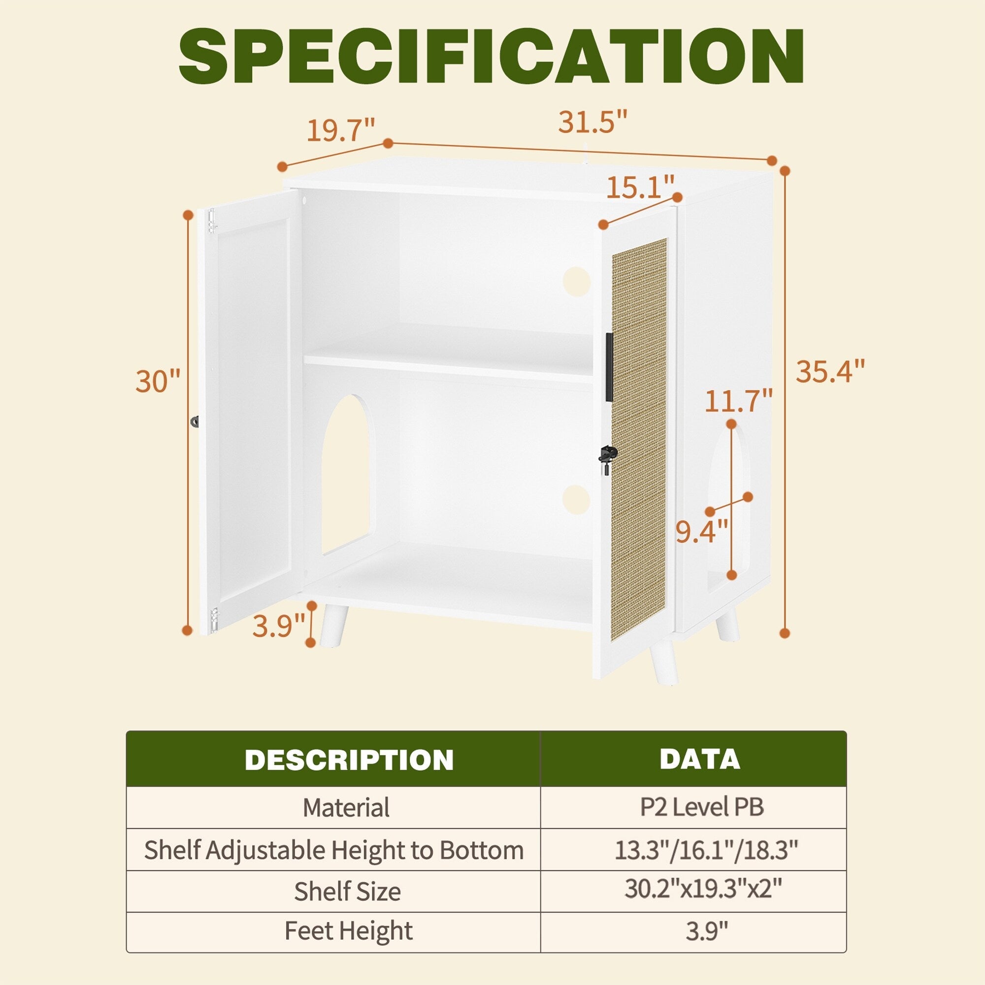 Bac à litière pour chat, maison pour chat, table d'appoint, porte, armoire, bibliothèque