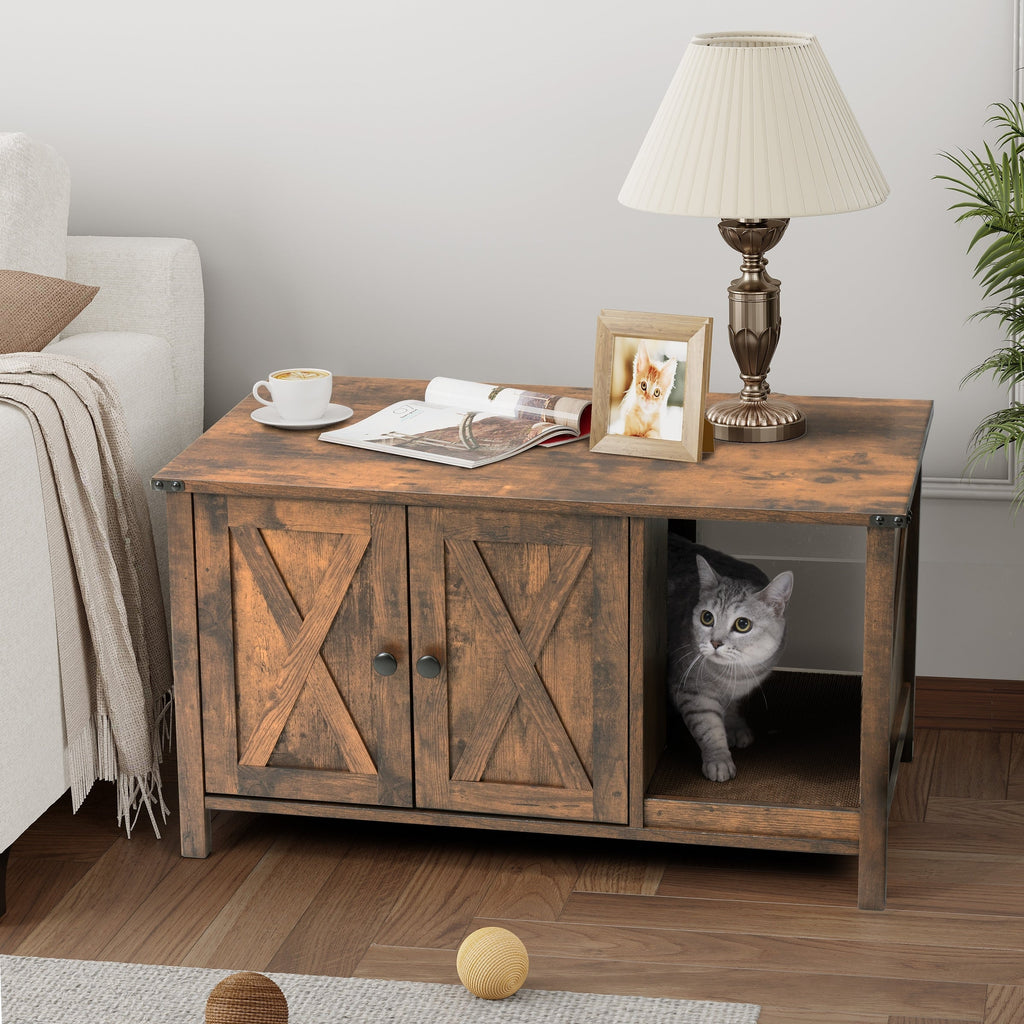 Enceinte de litière pour chat, meuble de toilette en bois caché avec griffoir