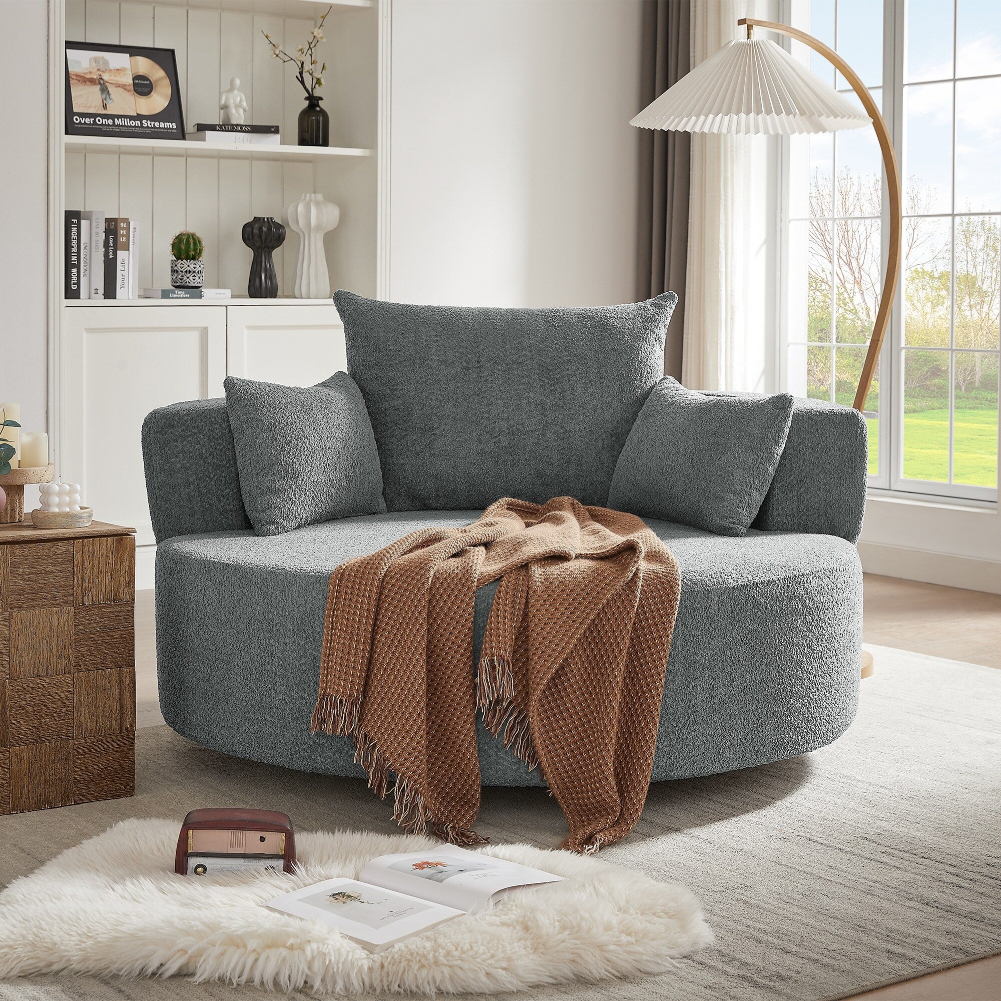 Fauteuil d'appoint en chenille, fauteuil rond avec base pivotante à 360 degrés et 3 coussins amovibles
