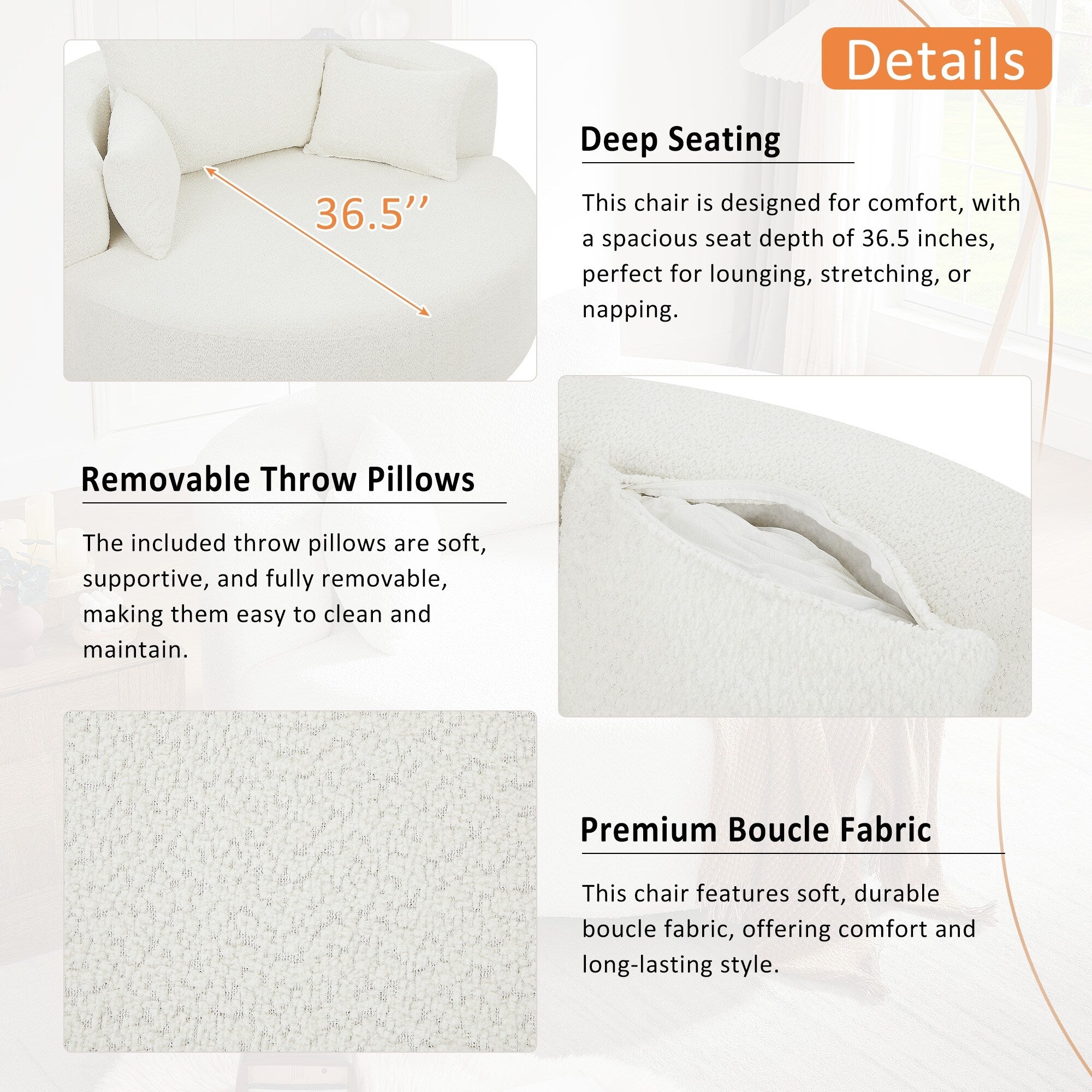 Fauteuil d'appoint en chenille, fauteuil rond avec base pivotante à 360 degrés et 3 coussins amovibles