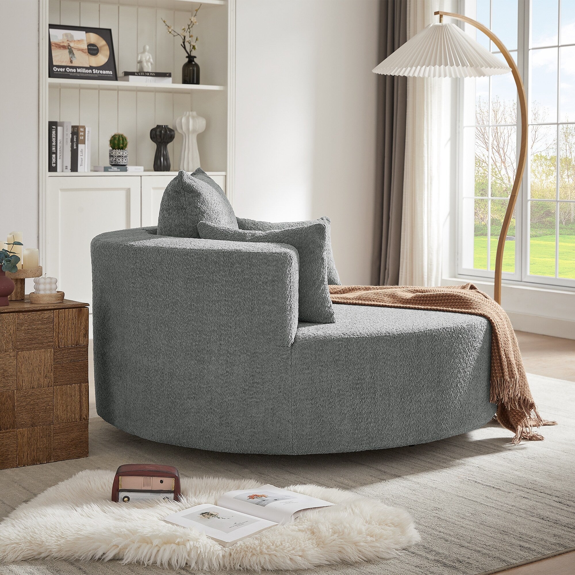 Fauteuil d'appoint en chenille, fauteuil rond avec base pivotante à 360 degrés et 3 coussins amovibles