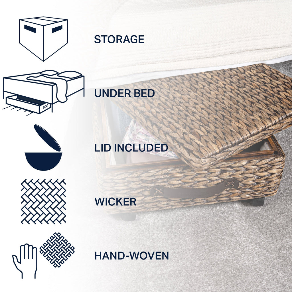 Happimess Bac de rangement sous le lit en jacinthe/bois avec roulettes et poignées