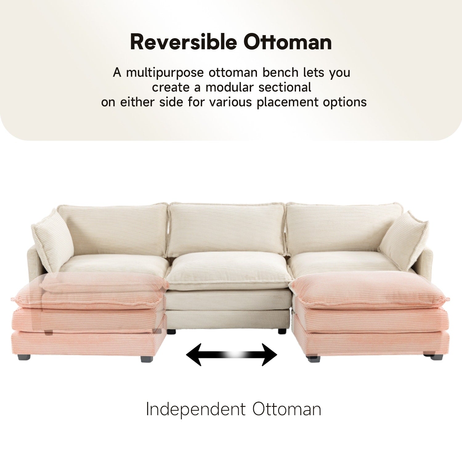 Canapé sectionnel en velours côtelé avec poufs amovibles et coussins ultra-doux pour salon et chambre