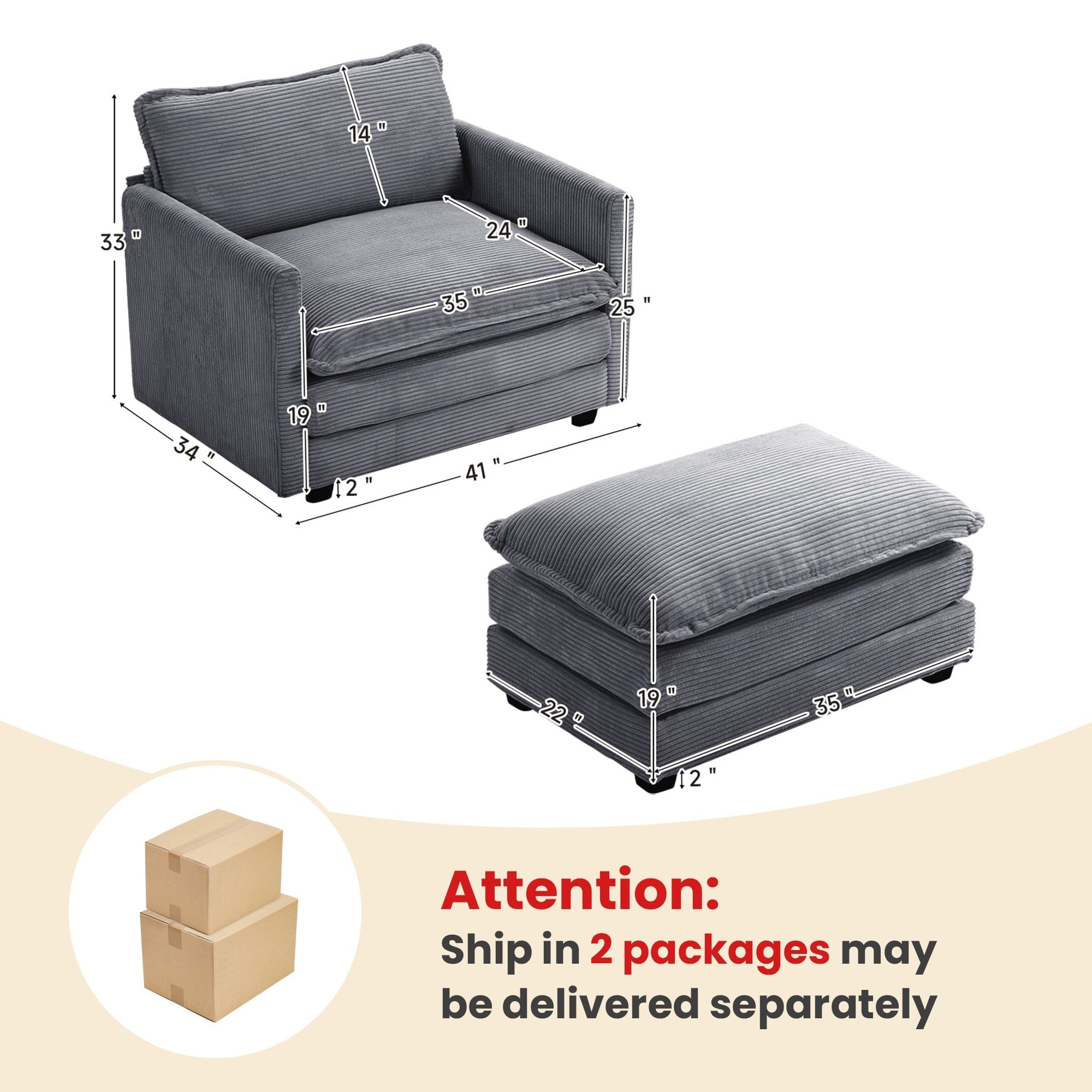 Canapé sectionnel en velours côtelé avec poufs amovibles et coussins ultra-doux pour salon et chambre