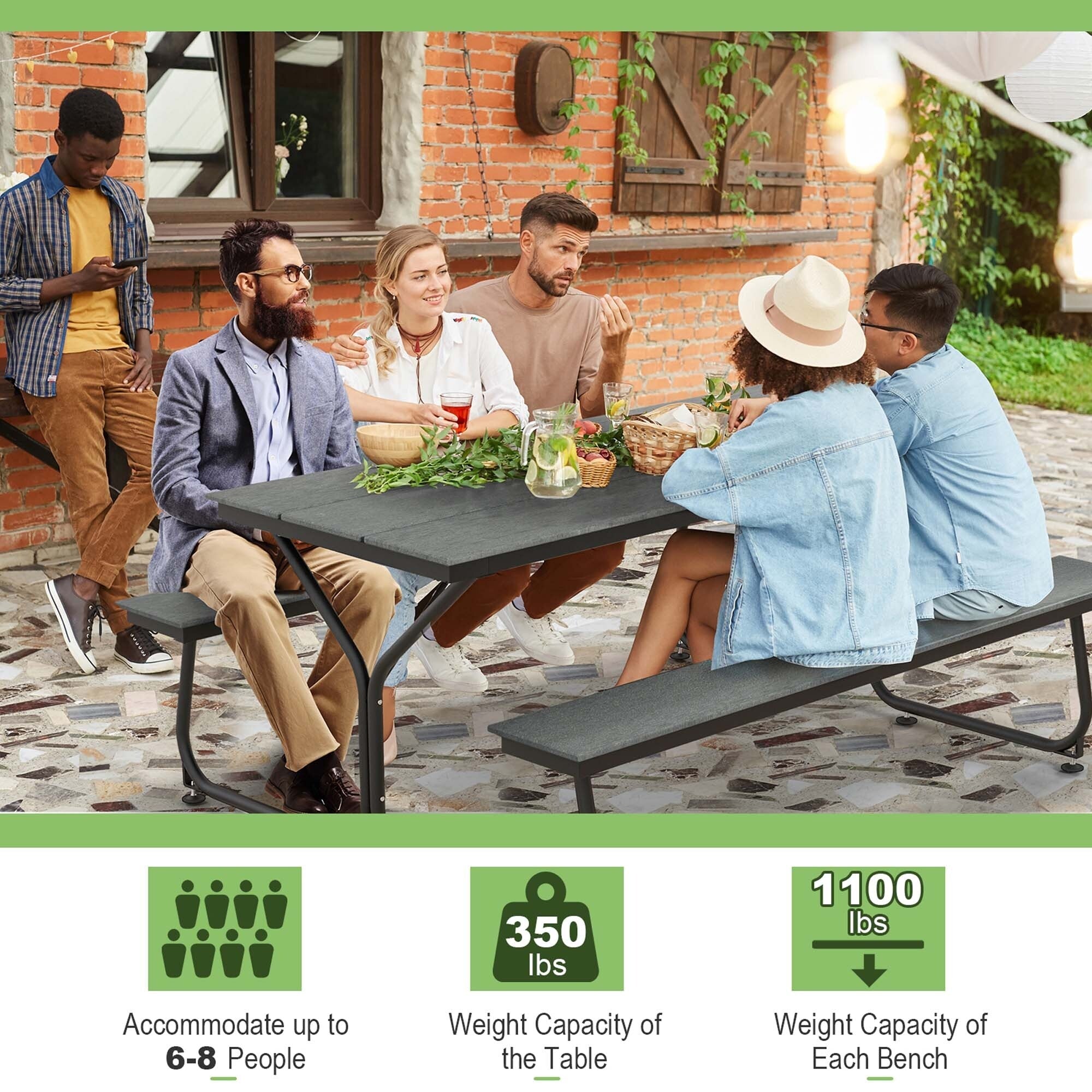 Ensemble table de pique-nique et banc Costway 6 pieds en PEHD robuste pour extérieur - Voir les détails