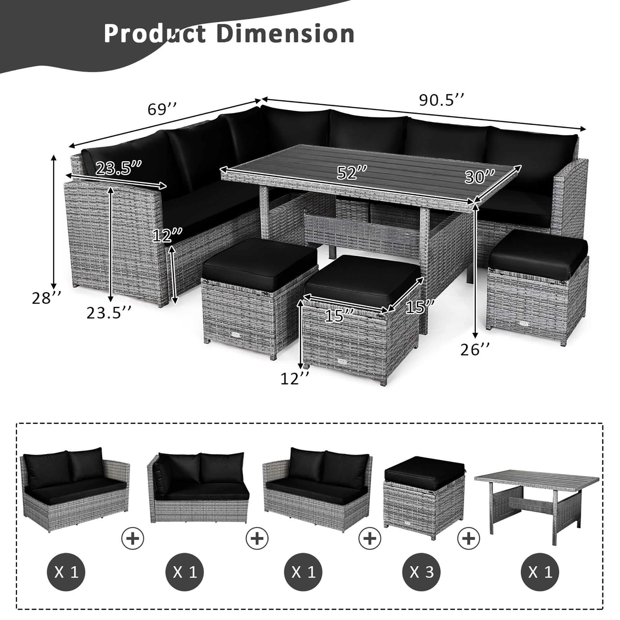 Ensemble de salle à manger en rotin Costway 7 pièces avec canapé sectionnel et pouf - Voir les détails