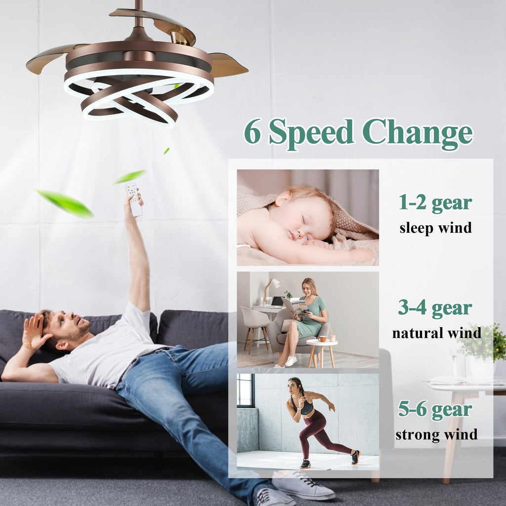 Ventilateur de plafond rétractable Cusp Barn 42 avec lumières et télécommande DIY Forme Fandelier Moderne Silencieux Moteur CC Plafonnier LED