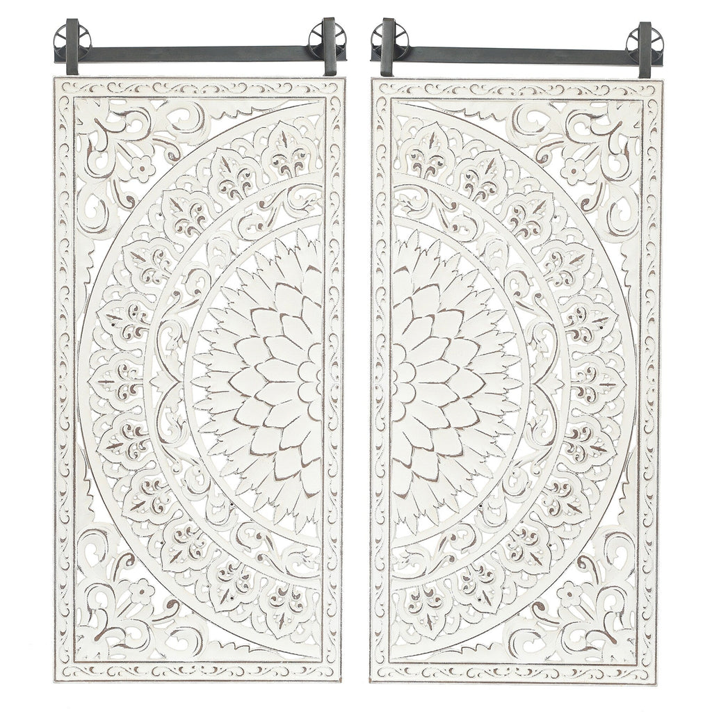 Décoration murale en bois blanc ivoire vieilli avec des accents noirs (lot de 2)