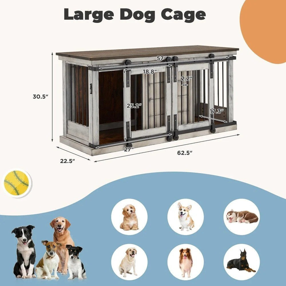 Cage pour chien en bois massif EROMMY, niche d'intérieur avec porte coulissante et meuble TV, niche chic en bois, cage élégante pour chien