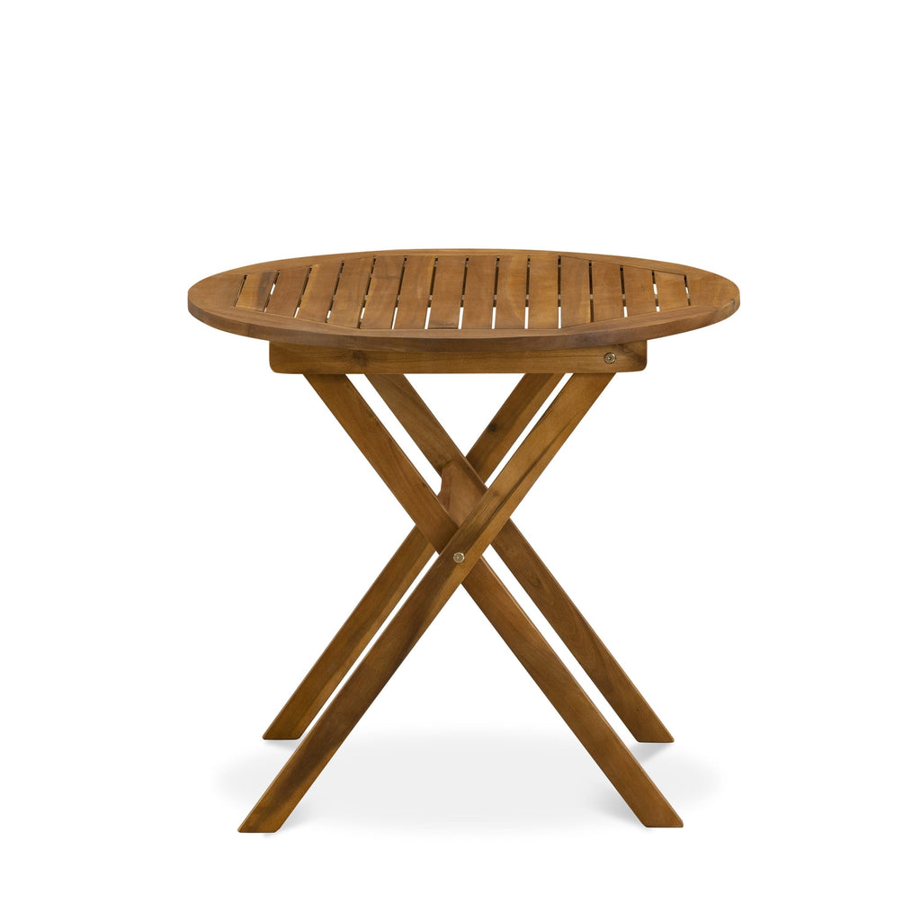 L'ensemble de bistrot de conversation d'extérieur East West Furniture comprend une table basse ronde en bois et 2 chaises pliantes, huile naturelle