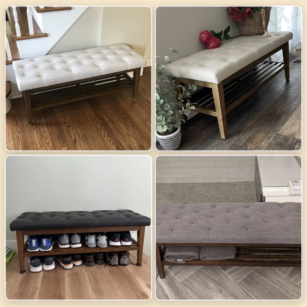 Banc à chaussures d'entrée, banc de rangement en tissu et bois massif, banc rembourré de 43 pouces pour salon et chambres