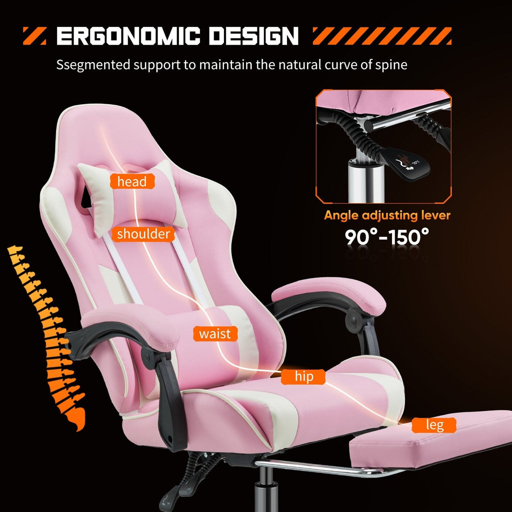 Fauteuil de jeu ergonomique pivotant à 360° en cuir PU avec repose-pieds, appui-tête, support lombaire et hauteur réglable