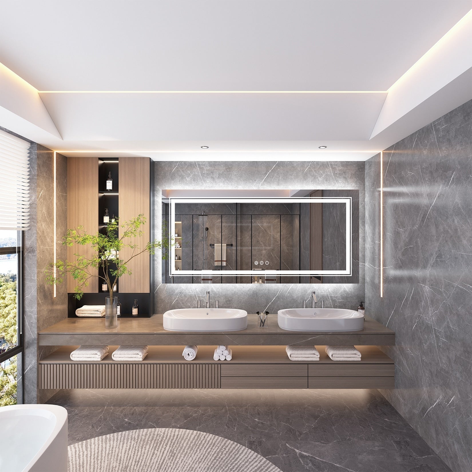 Miroir de salle de bain extra large avec éclairage LED, antibuée, 3 couleurs