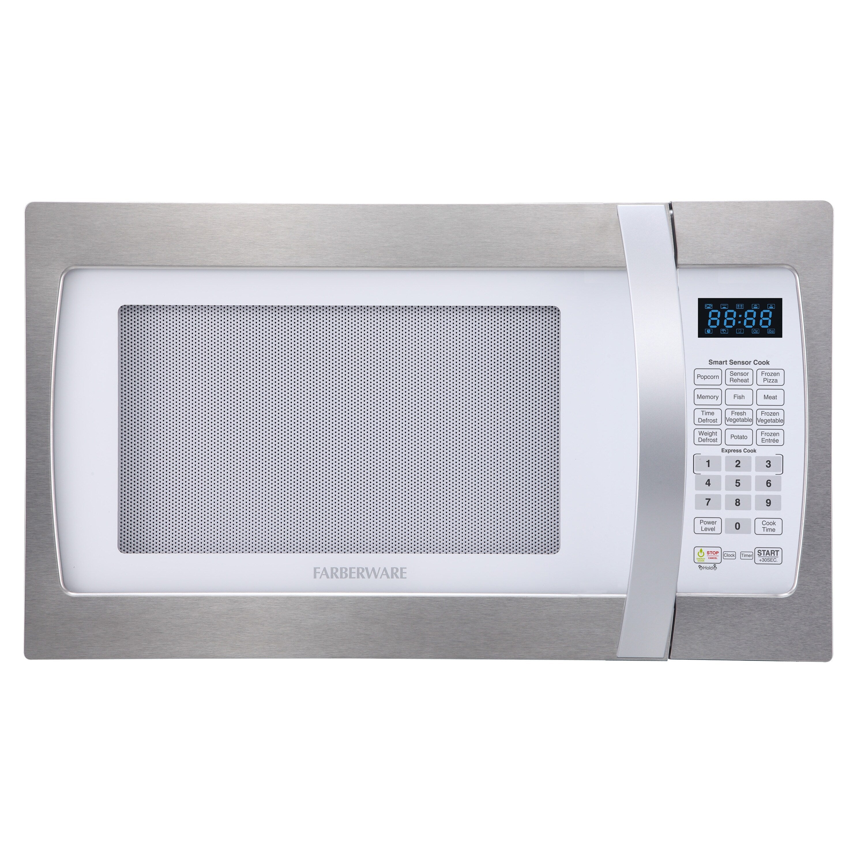 Four à micro-ondes Farberware Professional de 1,3 pi³ et 1 100 W avec cuisson par capteur intelligent, blanc et platine