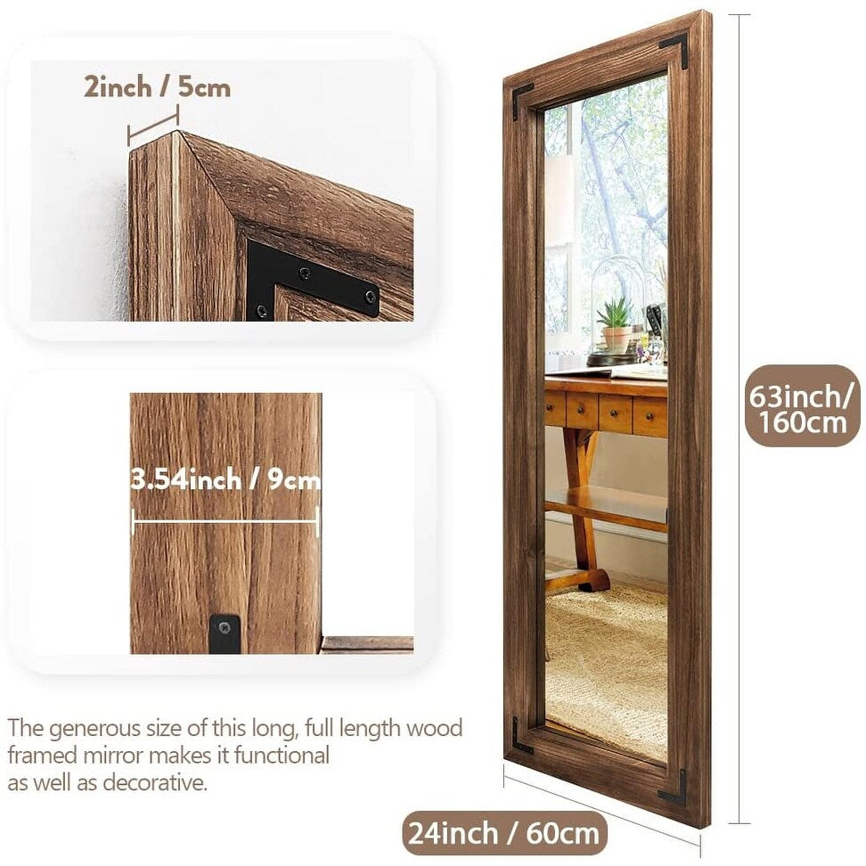 Miroir de sol rustique de style ferme avec cadre en bois - 65 x 24