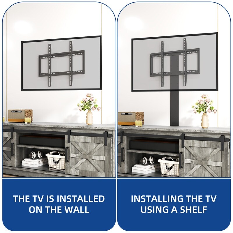 Meuble TV Farmhouse pouvant accueillir jusqu'à 65 téléviseurs avec portes et étagères ouvertes Console multimédia Prise de courant
