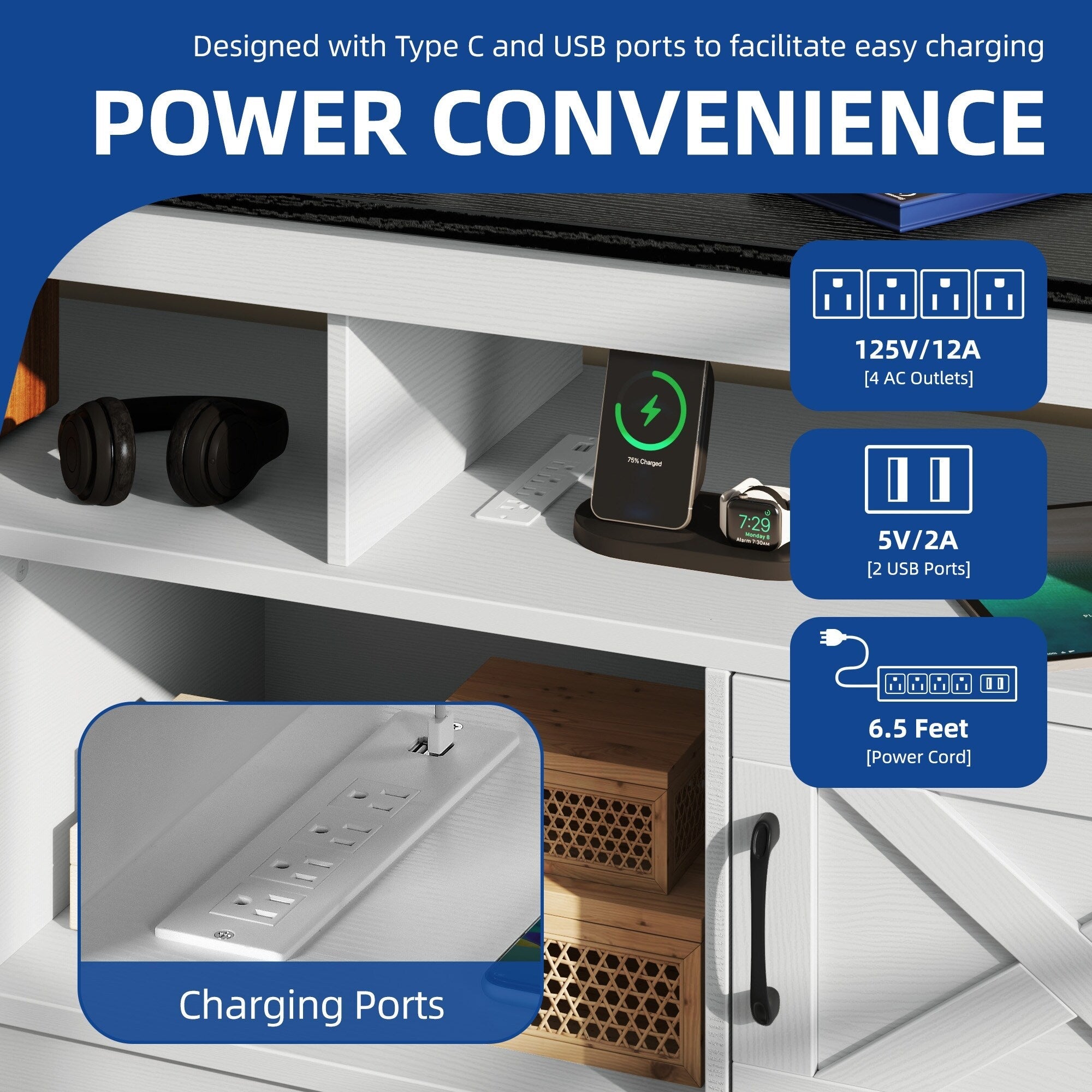 Meuble TV Farmhouse pouvant accueillir jusqu'à 65 téléviseurs avec portes et étagères ouvertes Console multimédia Prise de courant