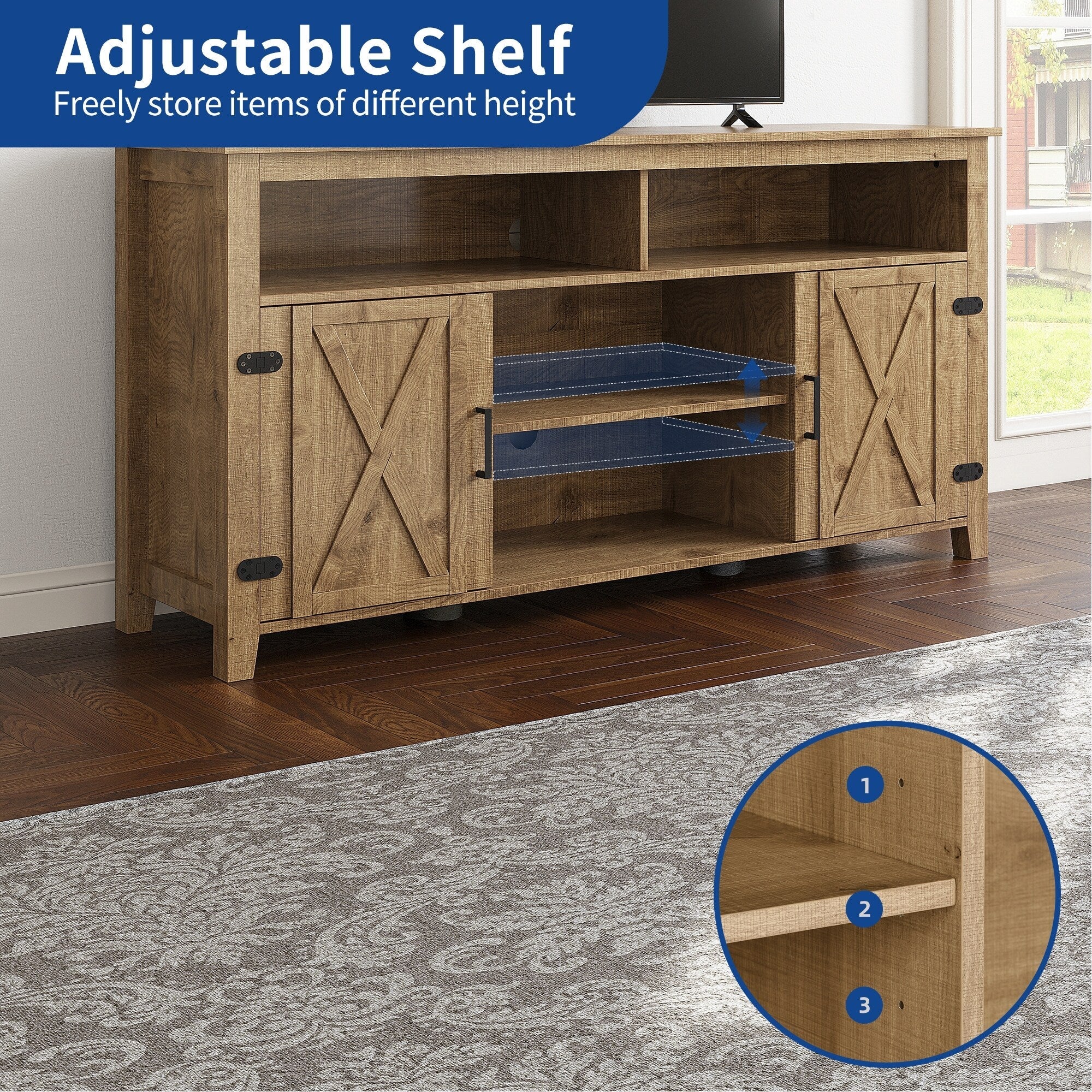 Meuble TV Farmhouse pouvant accueillir jusqu'à 65 téléviseurs avec portes et étagères ouvertes Console multimédia Prise de courant