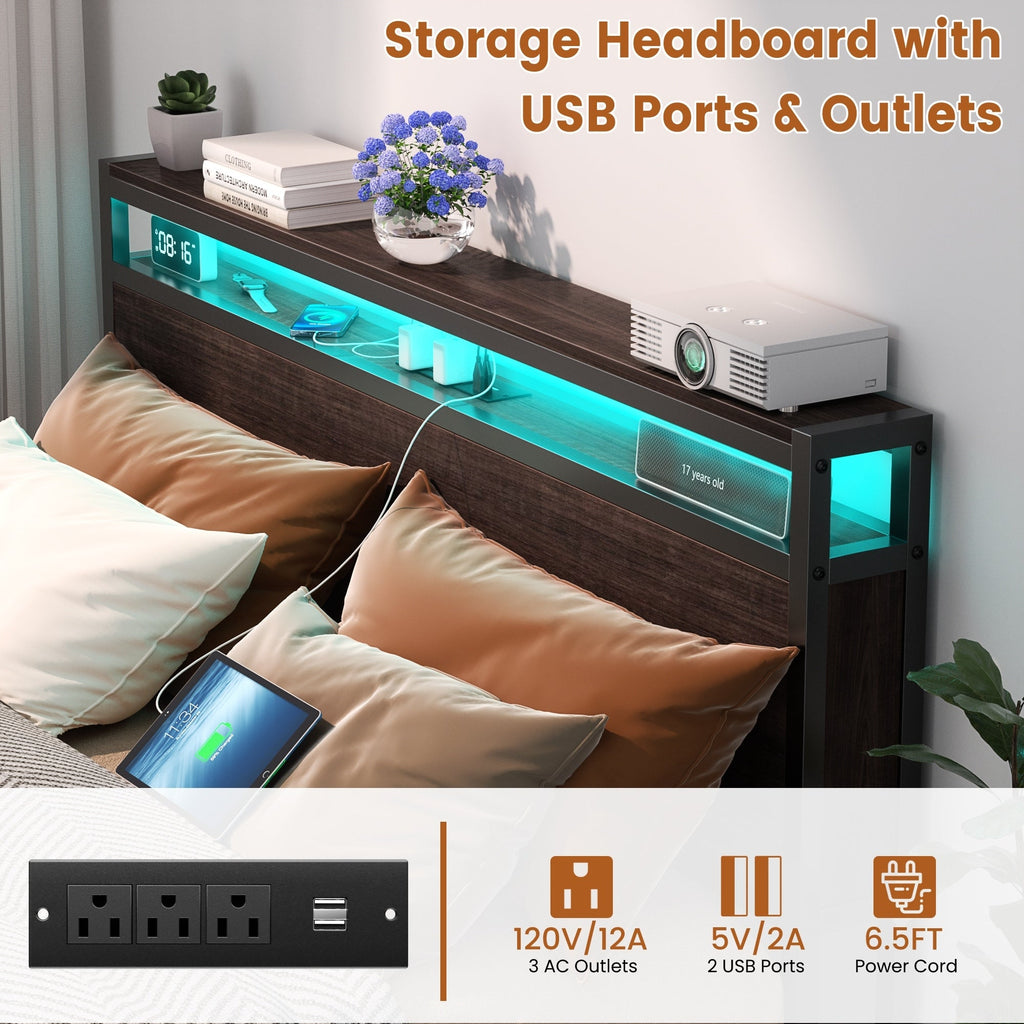 Cadre de lit plateforme en bois de style ferme avec station de charge et lumières LED