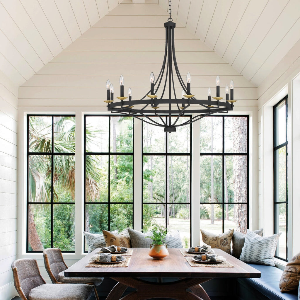 Lustre Empire à 12 lumières de style ferme moderne Fidenza avec roue de chariot et UL - D40'' * H135''