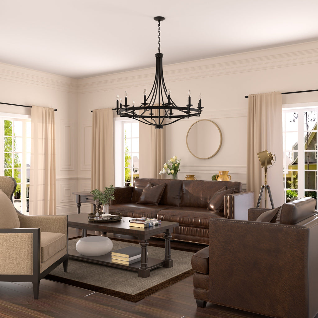 Lustre Empire à 12 lumières de style ferme moderne Fidenza avec roue de chariot et UL - D40'' * H135''