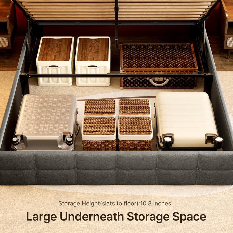 Cadre de lit relevable avec rangement, cadre de lit plateforme rembourré avec système de rangement hydraulique et tête de lit