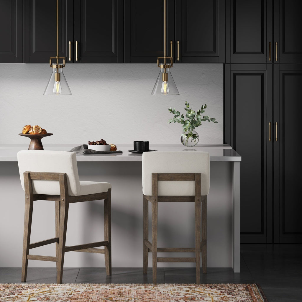 Tabouret de bar moderne Gracie, chaise rembourrée en boucle et pieds en bois brossé