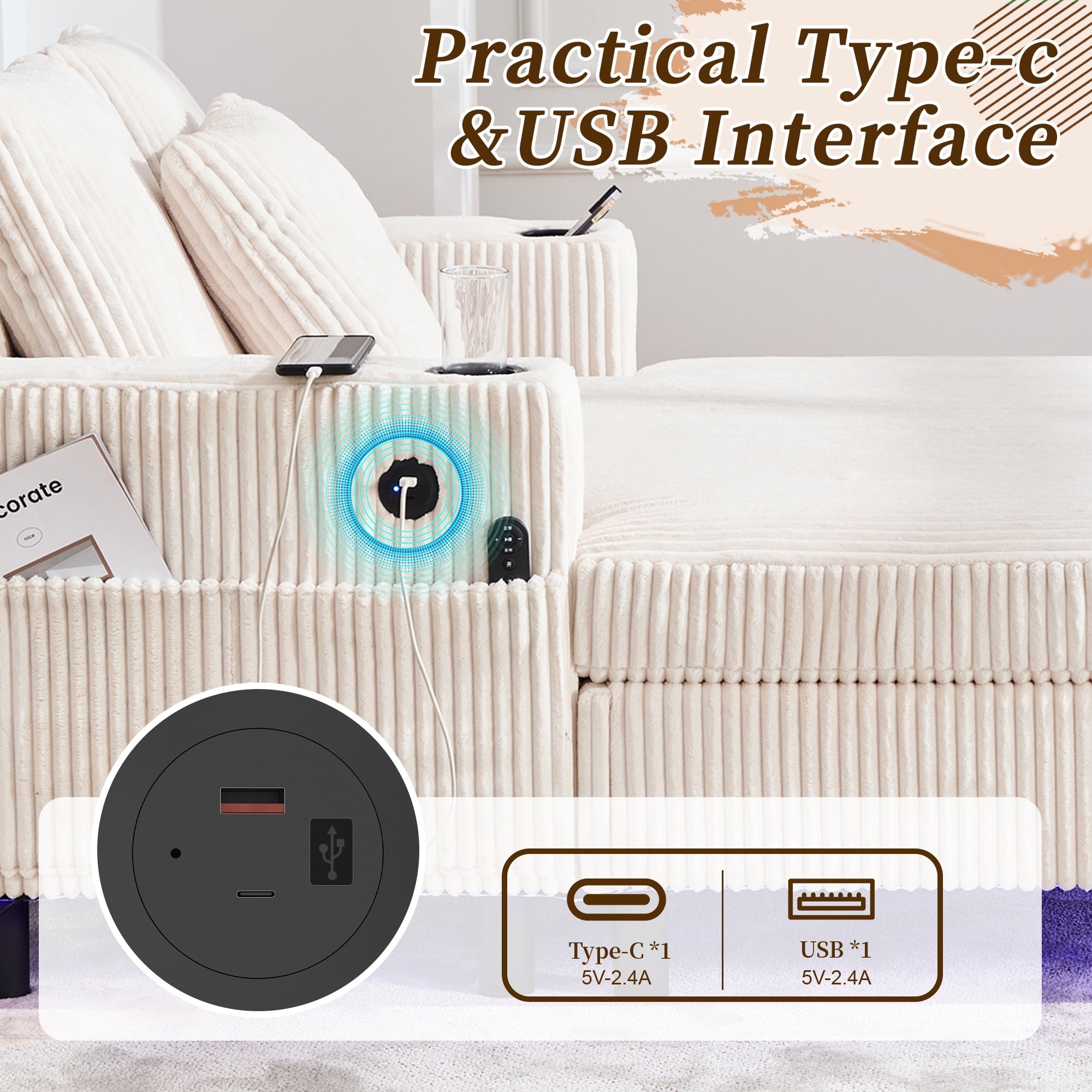 Canapé-lit inclinable surdimensionné HOMEFUN en velours côtelé avec éclairage LED RVB, porte-gobelet, port USB et 3 oreillers