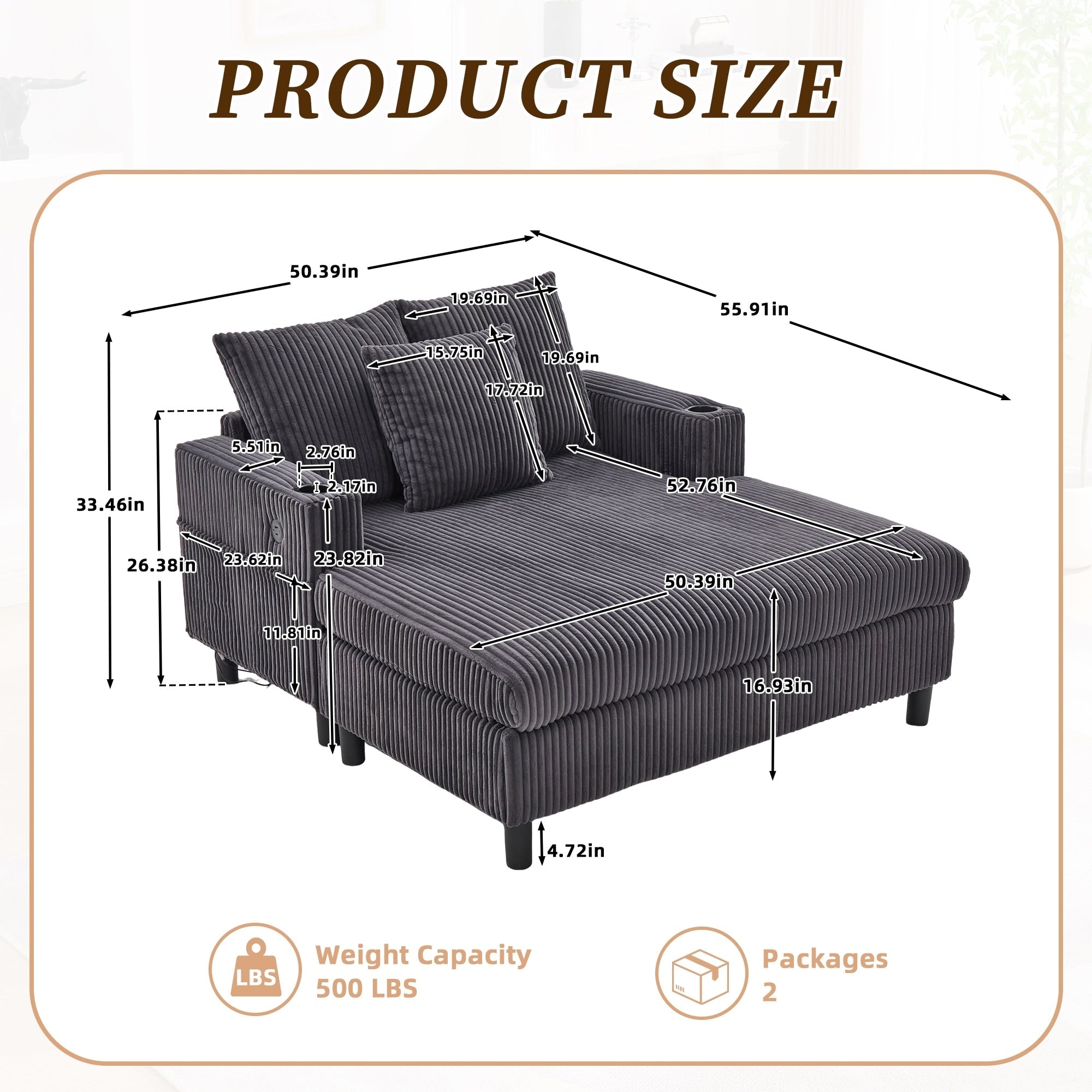 Canapé-lit inclinable surdimensionné HOMEFUN en velours côtelé avec éclairage LED RVB, porte-gobelet, port USB et 3 oreillers