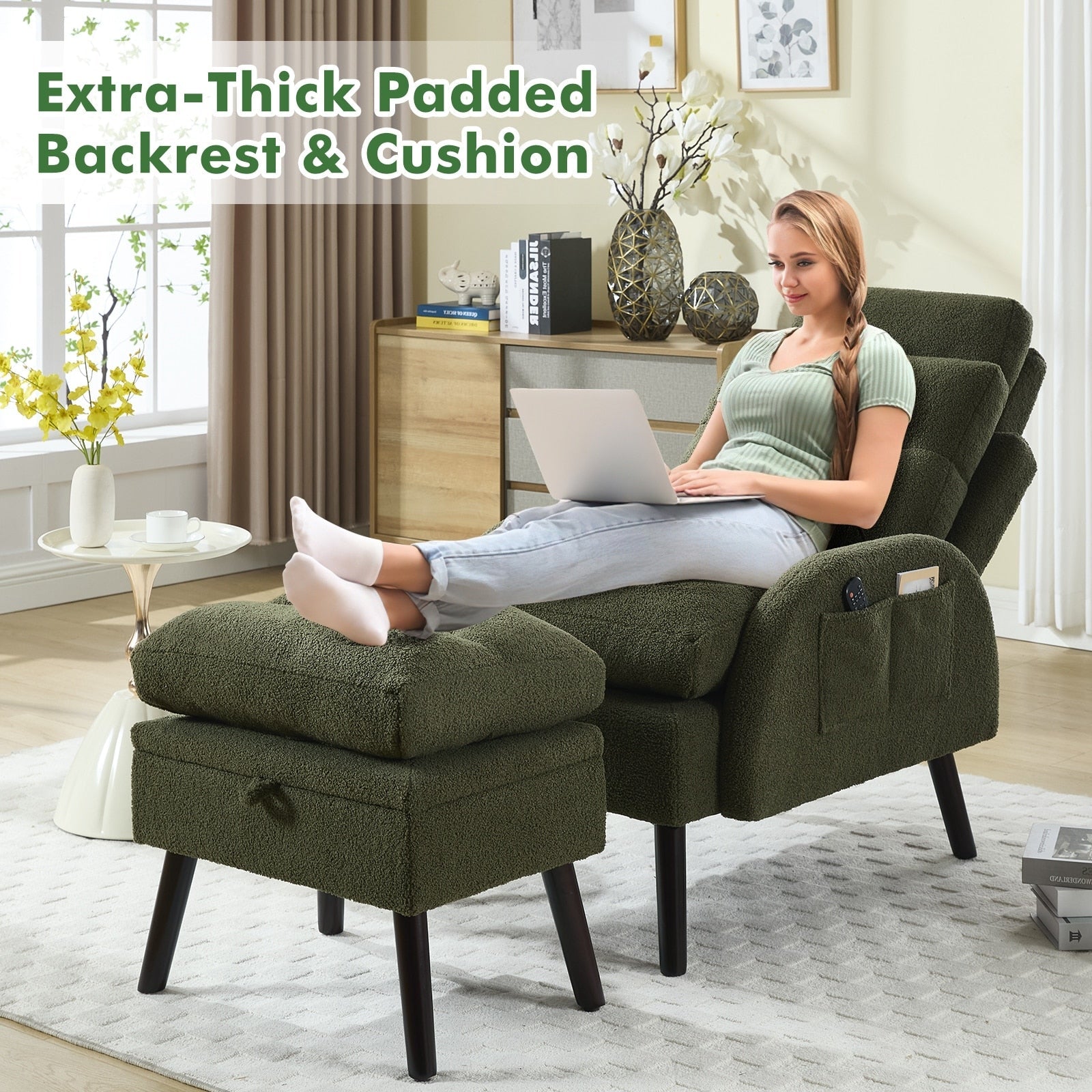 Fauteuil d'appoint HOMYKA avec dossier réglable et pouf de rangement