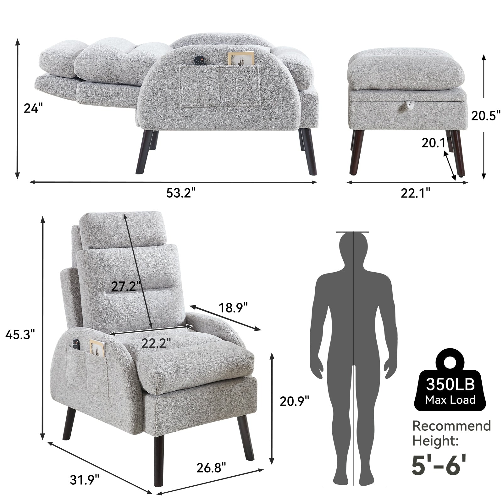 Fauteuil d'appoint HOMYKA avec dossier réglable et pouf de rangement