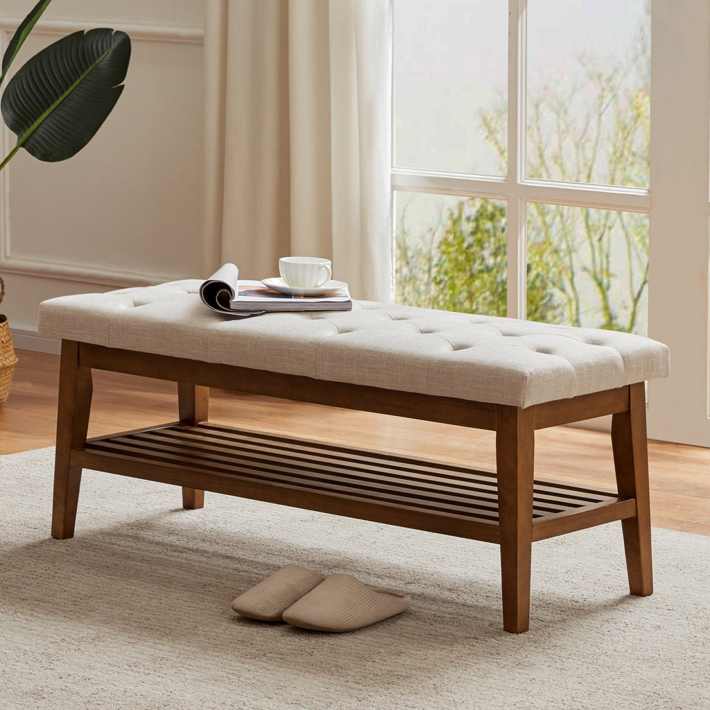 Banc à chaussures d'entrée, banc de rangement en tissu et bois massif, banc rembourré de 43 pouces pour salon et chambres