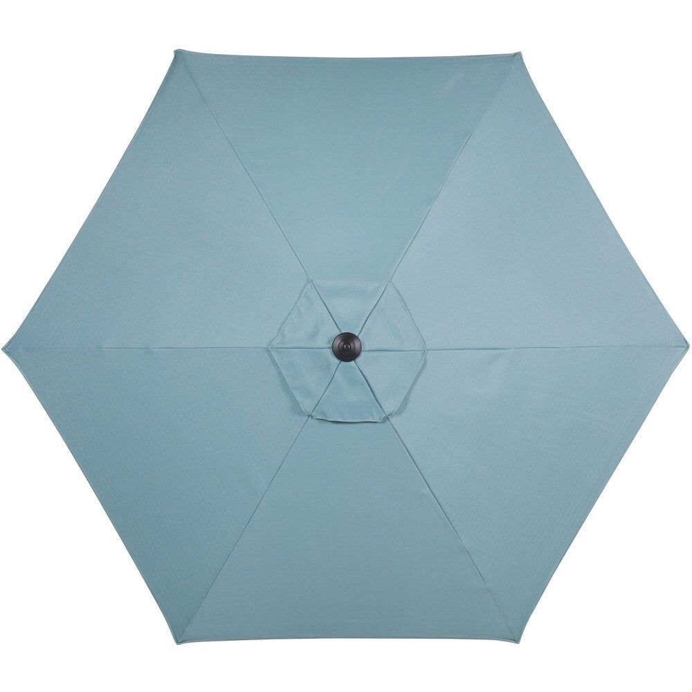 Ensemble de salle à manger Hanover Lavallette 5 pièces bleu océan avec 4 chaises fixes, une table ronde en verre de 132 cm, un parasol et un socle.