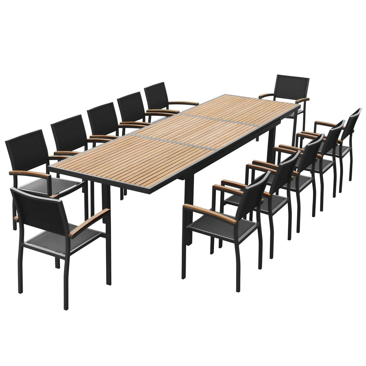 Ensemble de salle à manger d'extérieur Heck 13 pièces en teck et aluminium FSC pour 12 personnes, table extensible et chaises empilables, noir anthracite