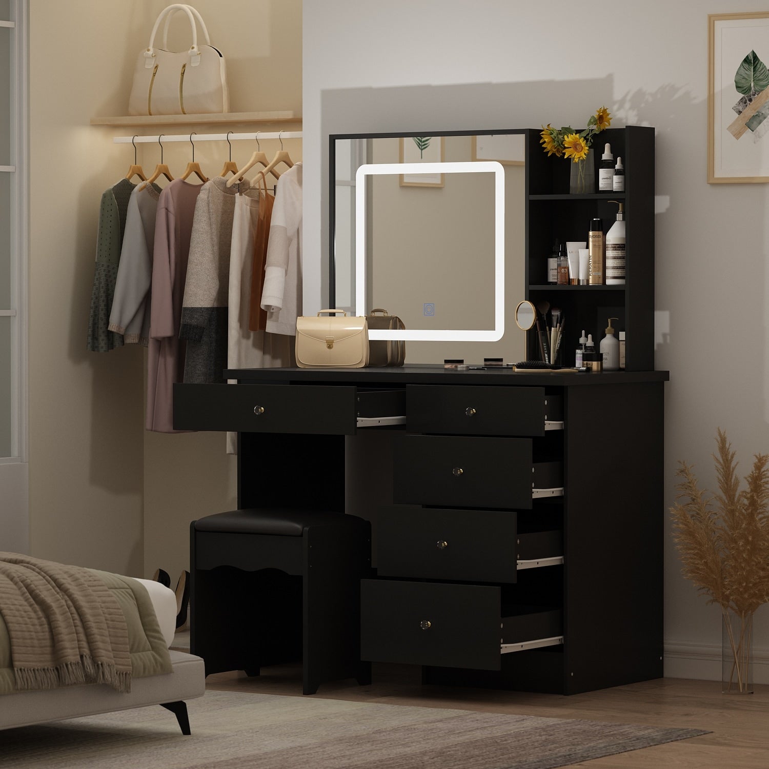 Coiffeuse Kerrogee avec miroir éclairé réglable et tabouret - 39,4 L x 19,7 l x 53,5 H