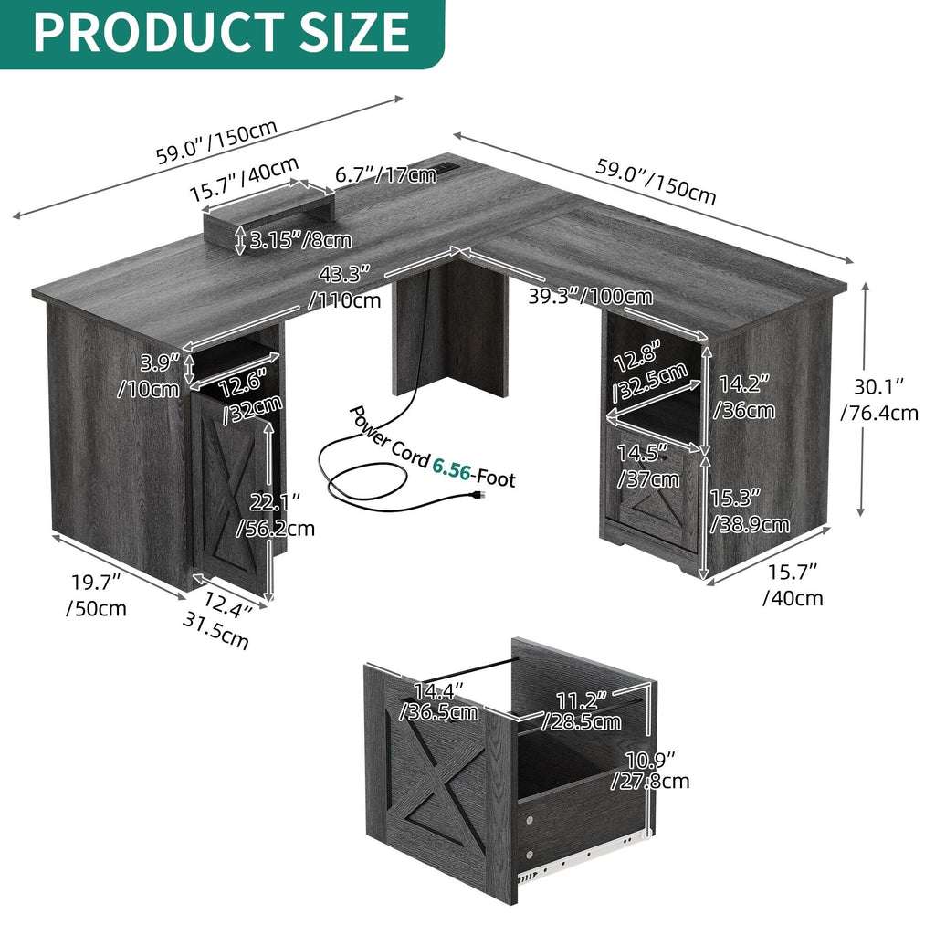 Bureau de jeu d'angle Moasis en L de 59 pouces avec support pour écran
