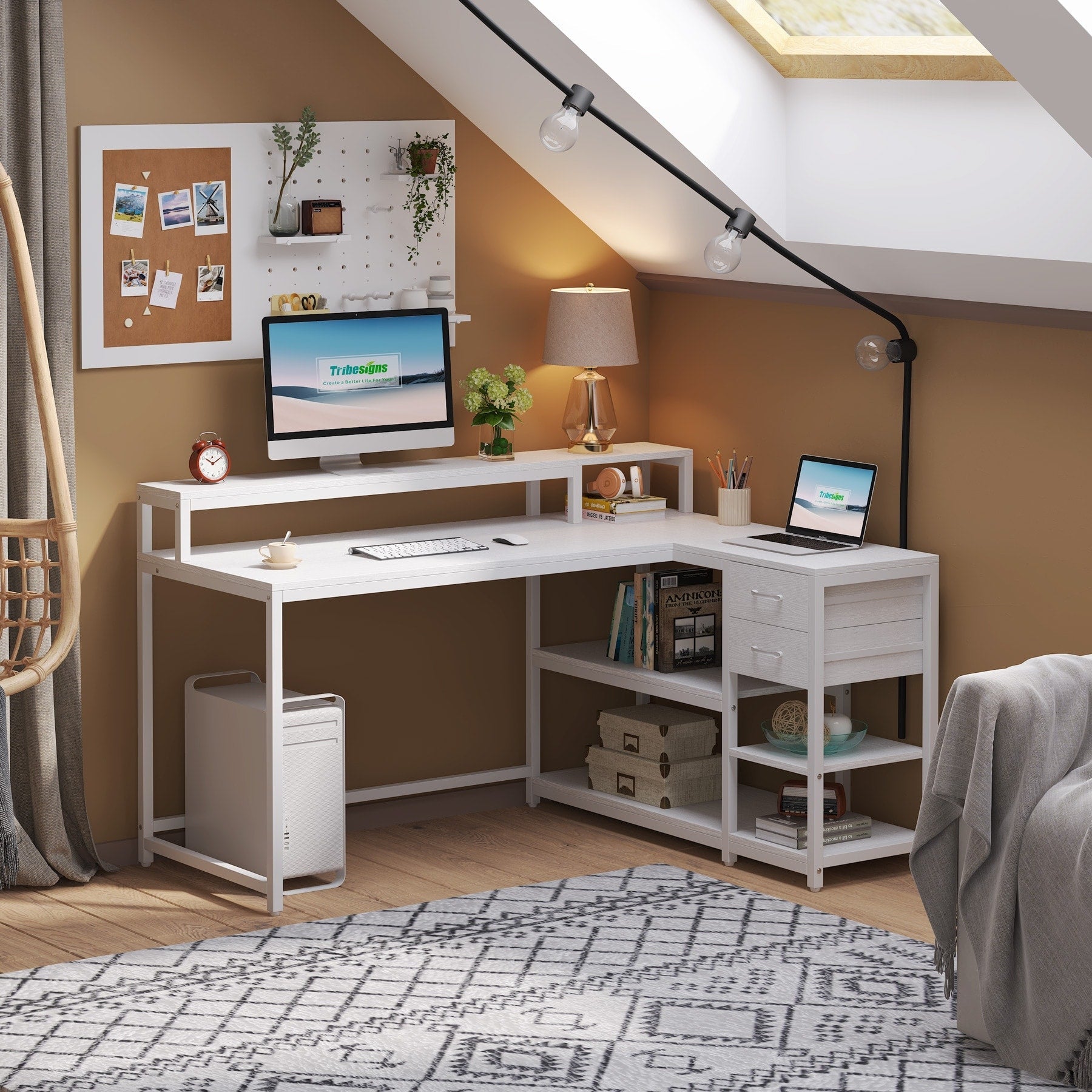 Bureau en L avec tiroir, bureau d'angle avec étagères de rangement et support d'écran, bureau PC rustique pour petits espaces