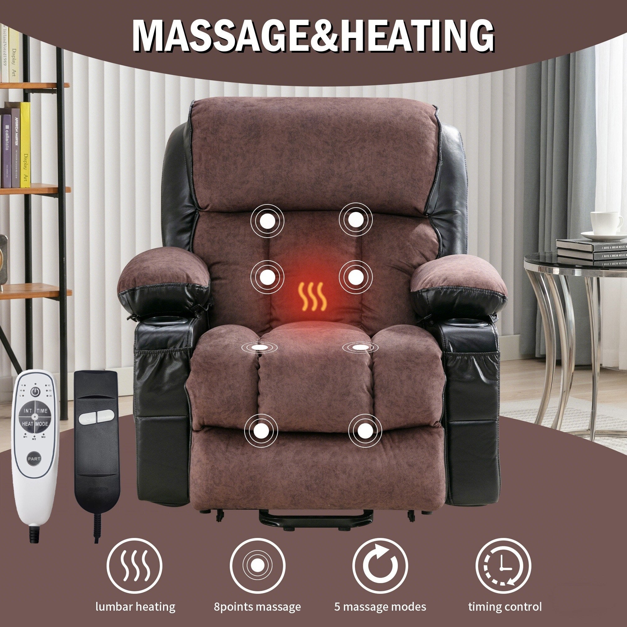 Grand fauteuil inclinable électrique avec chauffage et massage 8 points - Télécommande, port USB