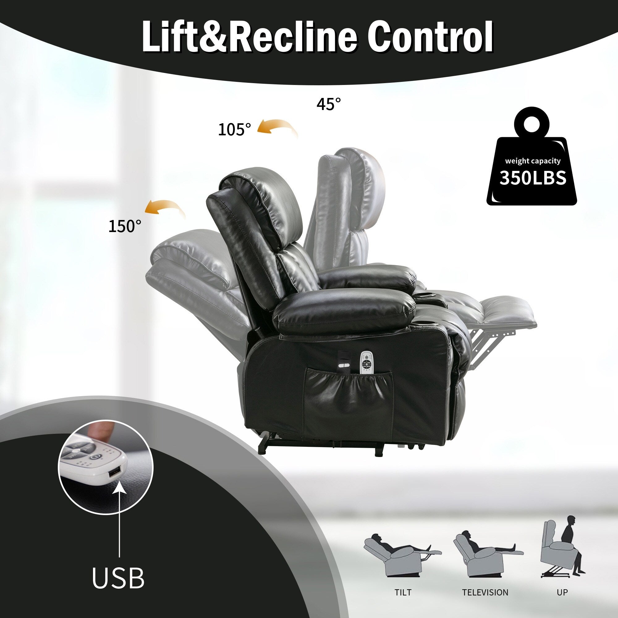 Grand fauteuil inclinable électrique avec chauffage et massage 8 points - Télécommande, port USB
