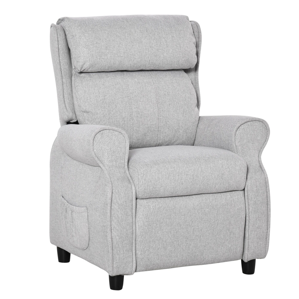 Fauteuil inclinable manuel rembourré gris clair pour enfants de 3 à 5 ans avec repose-pieds et 2 poches latérales