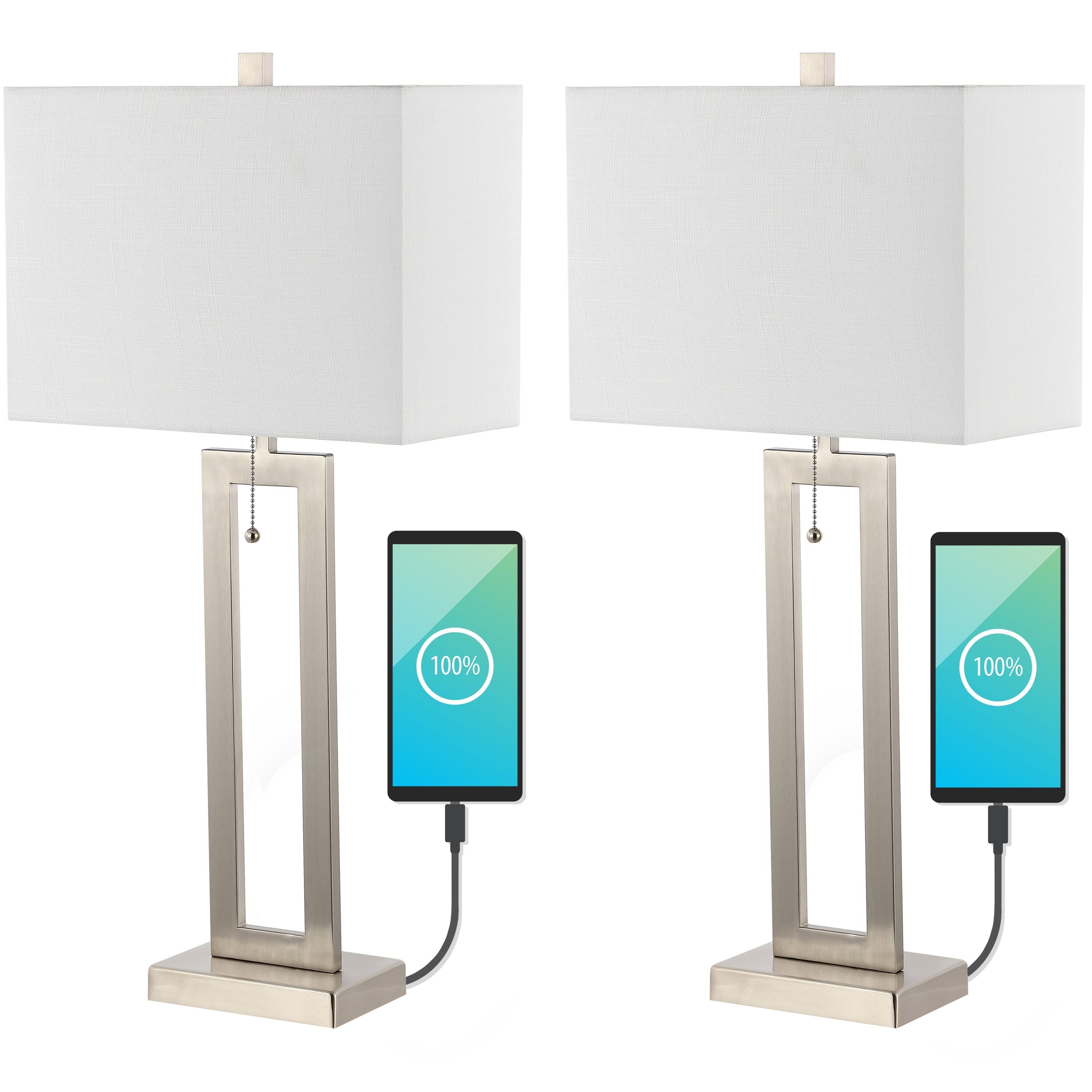 Lampe de table LED industrielle vintage Lucie 28,5 cm avec chaînette et port de chargement USB (lot de 2) par JONATHAN Y