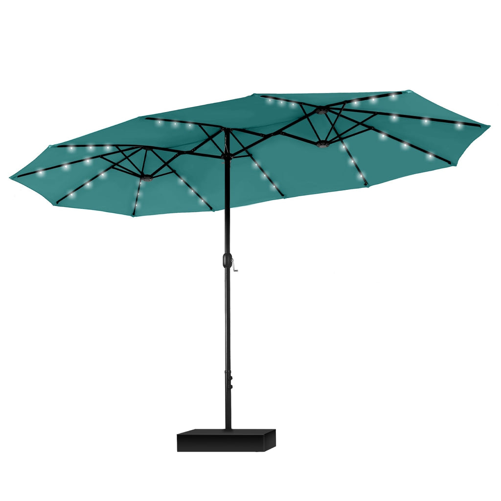 MAISON ARTS Parasol de marché extérieur rectangulaire à manivelle double face de 15 pieds Parasol de patio éclairé par LED solaire avec base incluse