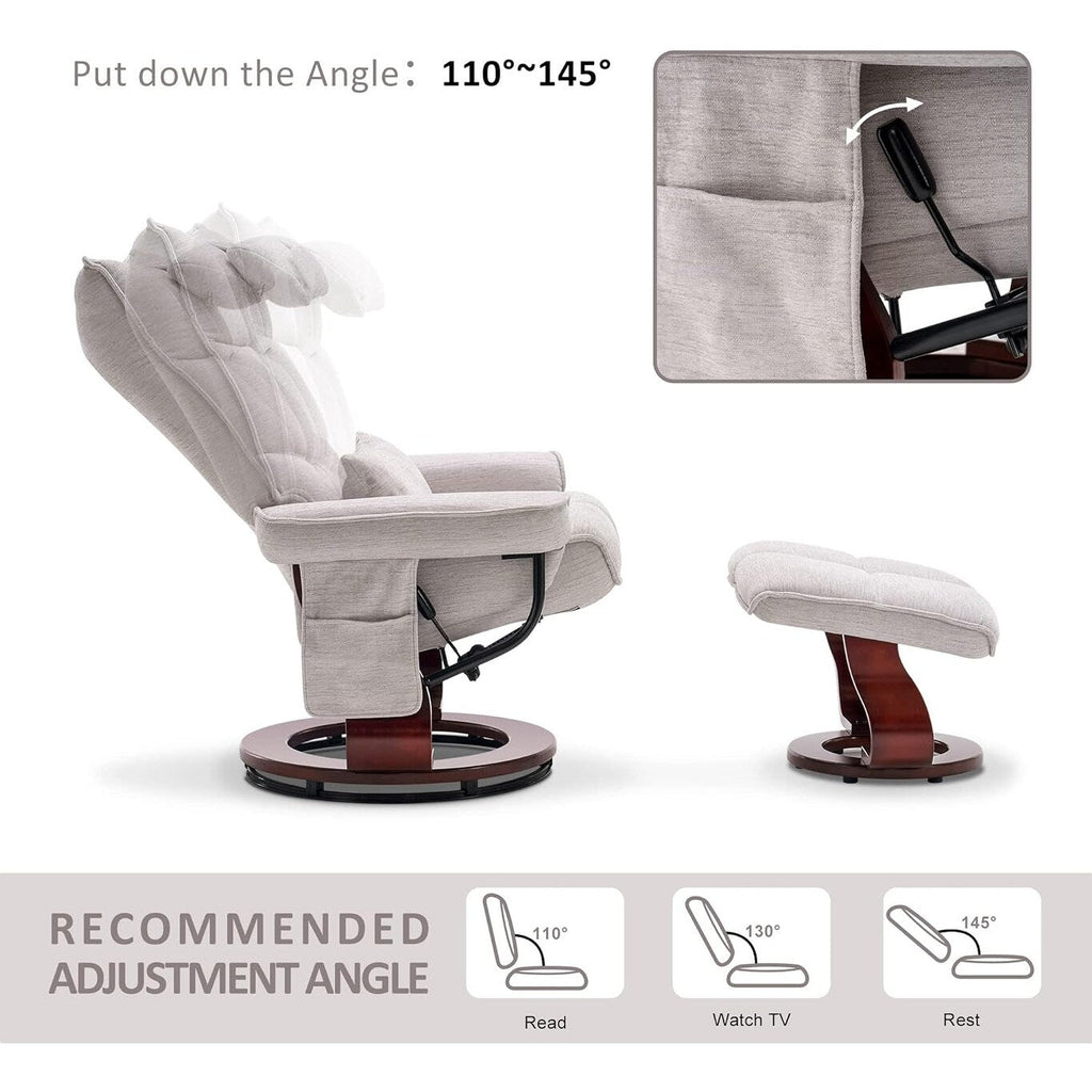 Ensemble de 2 fauteuils inclinables pivotants avec pouf et coussin de nuque, tissu chenille