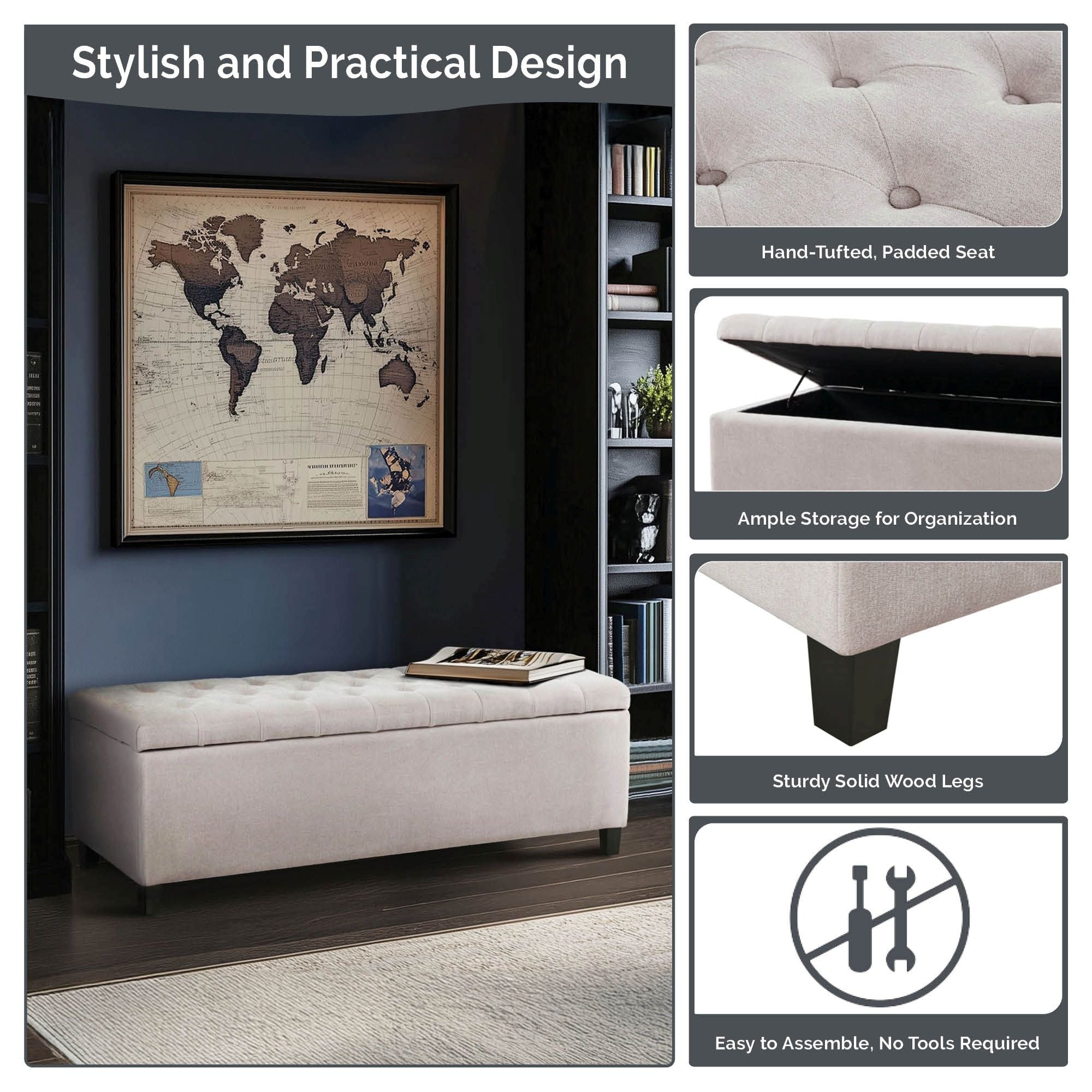 Banc de rangement rembourré à plateau capitonné Sasha de Madison Park