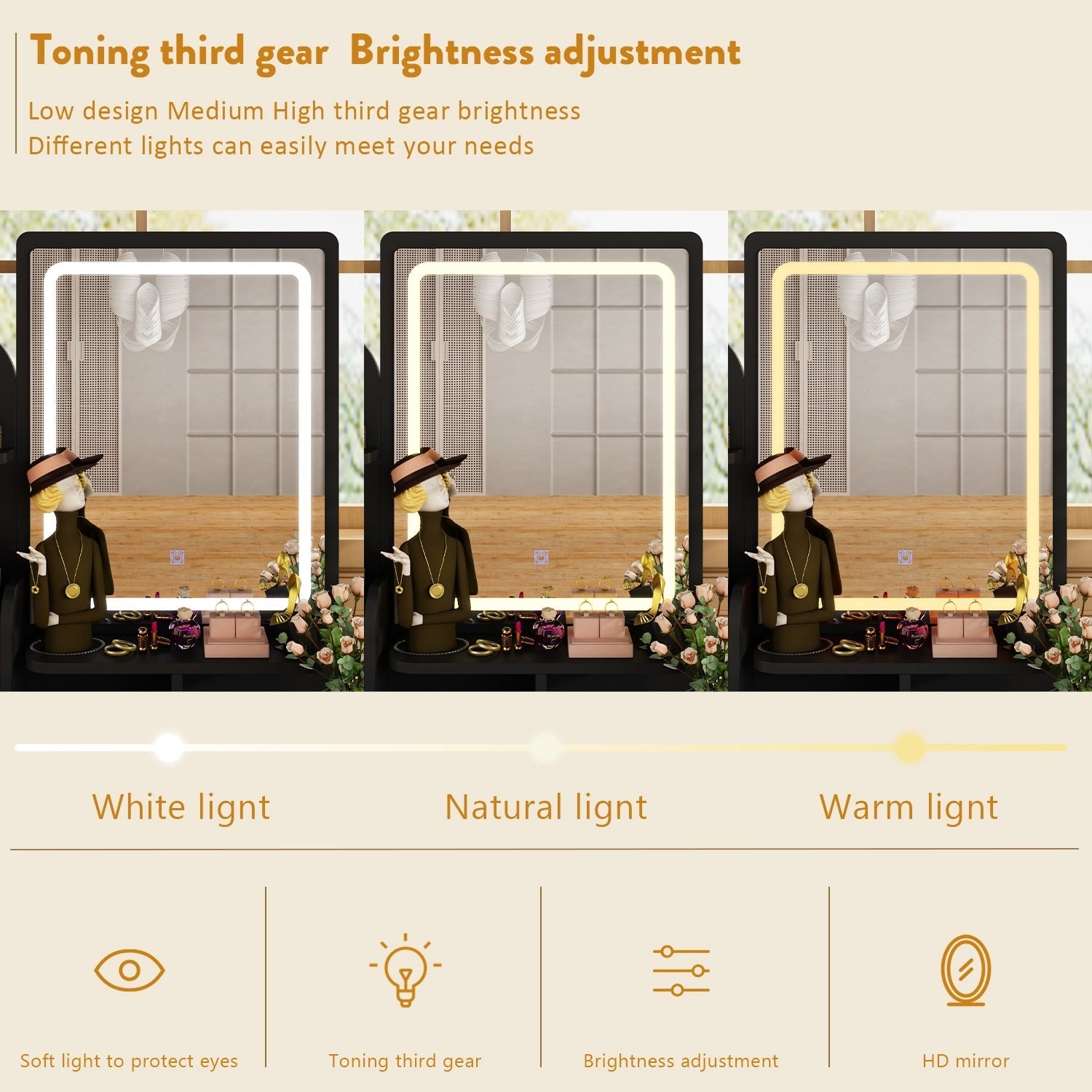 Coiffeuse avec éclairage LED, miroir et tabouret