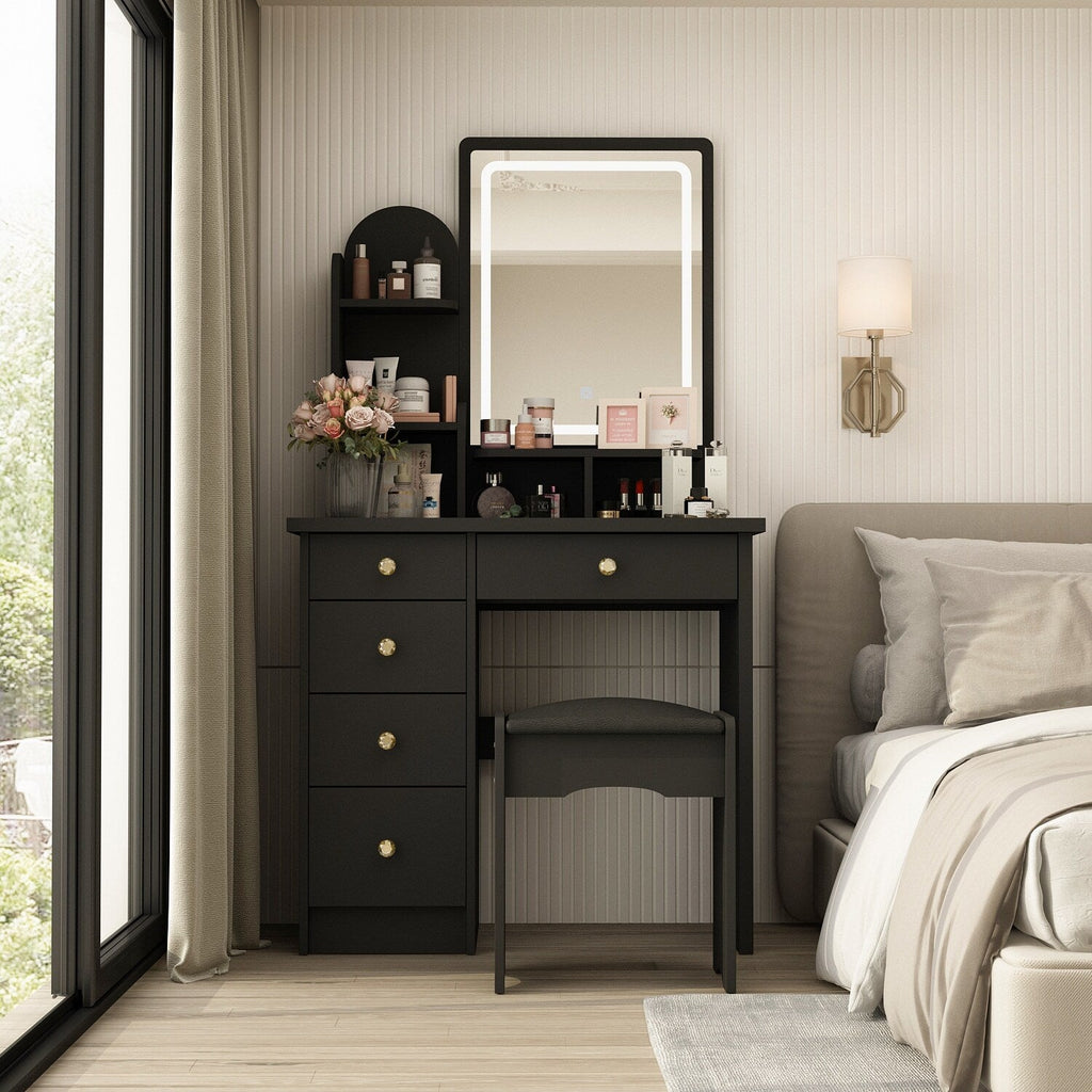 Coiffeuse avec éclairage LED, miroir et tabouret