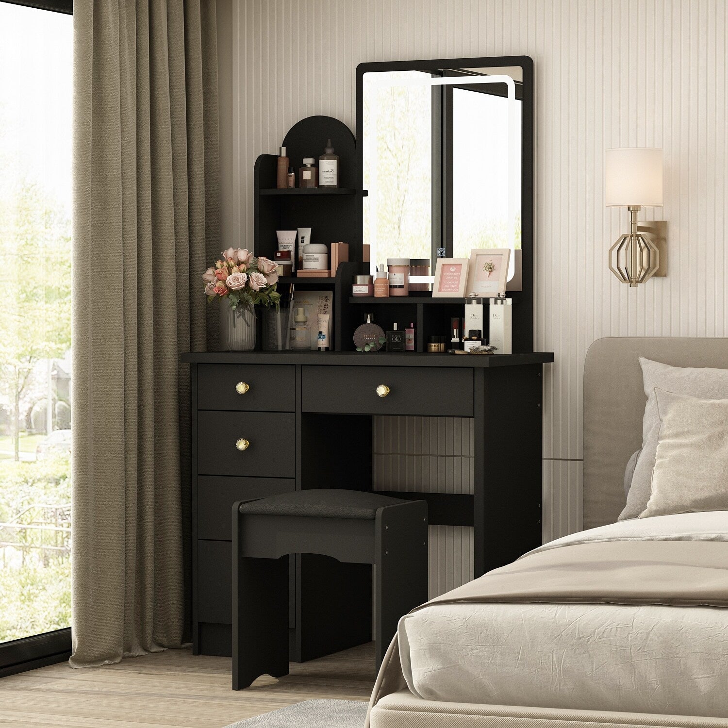 Coiffeuse avec éclairage LED, miroir et tabouret