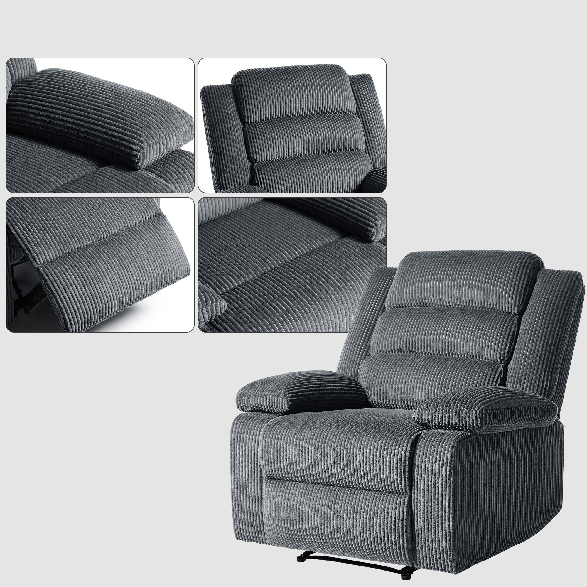 Fauteuil inclinable manuel moderne en velours côtelé, fauteuil inclinable réglable avec accoudoirs larges