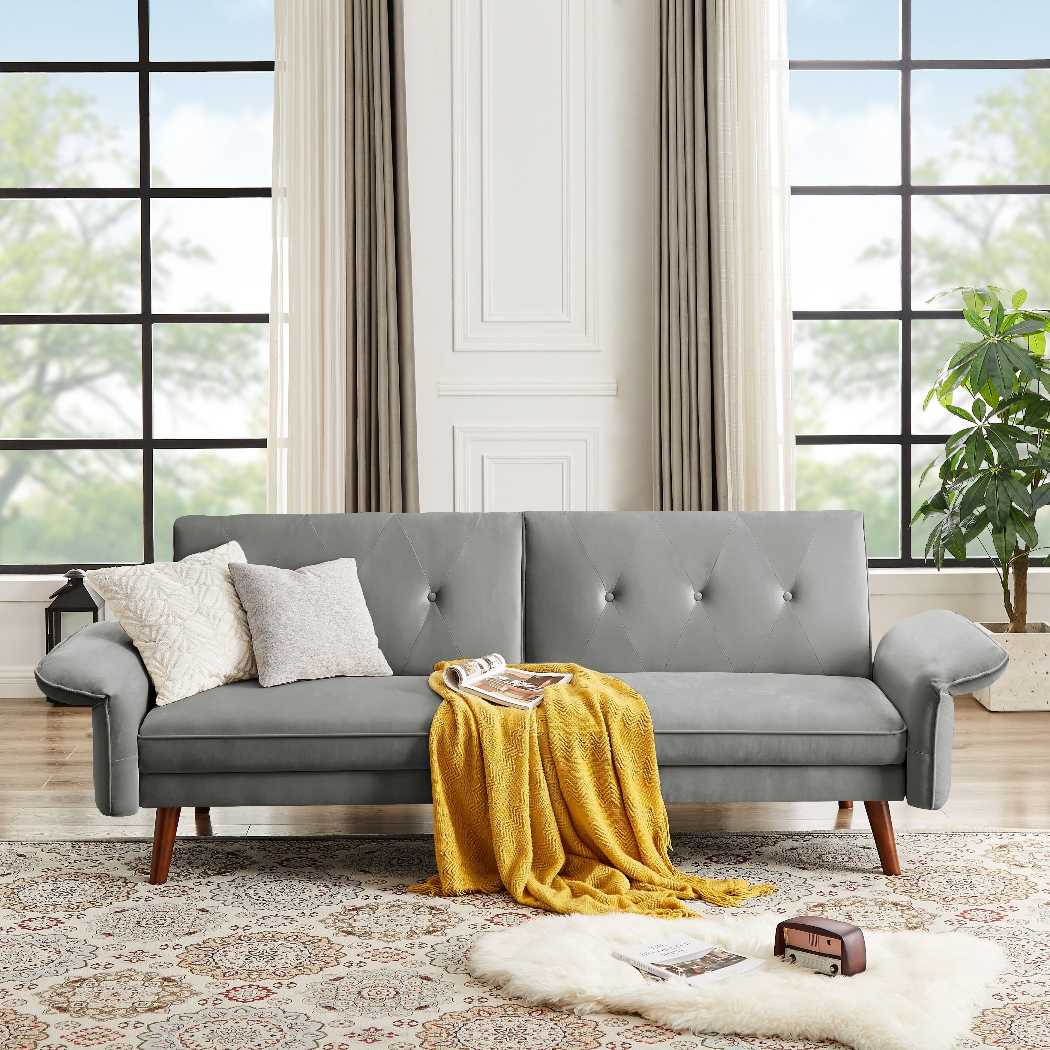 Canapé-lit futon moderne, canapé-lit convertible avec pieds fuselés en bois, 78,35 po, petit canapé à dossier divisé pour salon